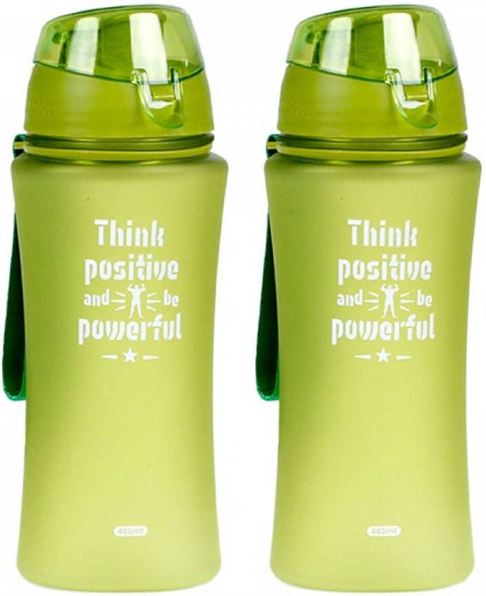 Shoppartners 2x Sport Bidon drinkfles waterfles Think Positive print groen 480 Ml Drinkflessen