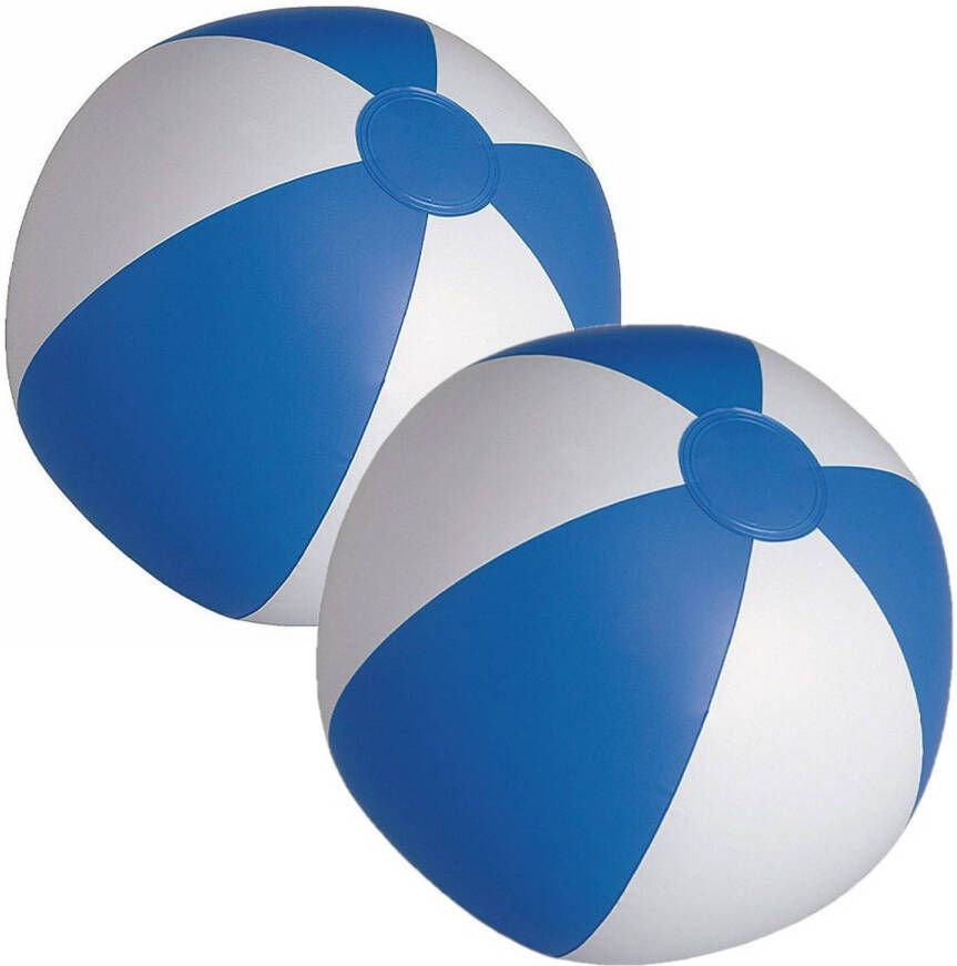 Merkloos 2x stuks opblaasbare zwembad strandballen plastic blauw wit 28 cm Strandballen