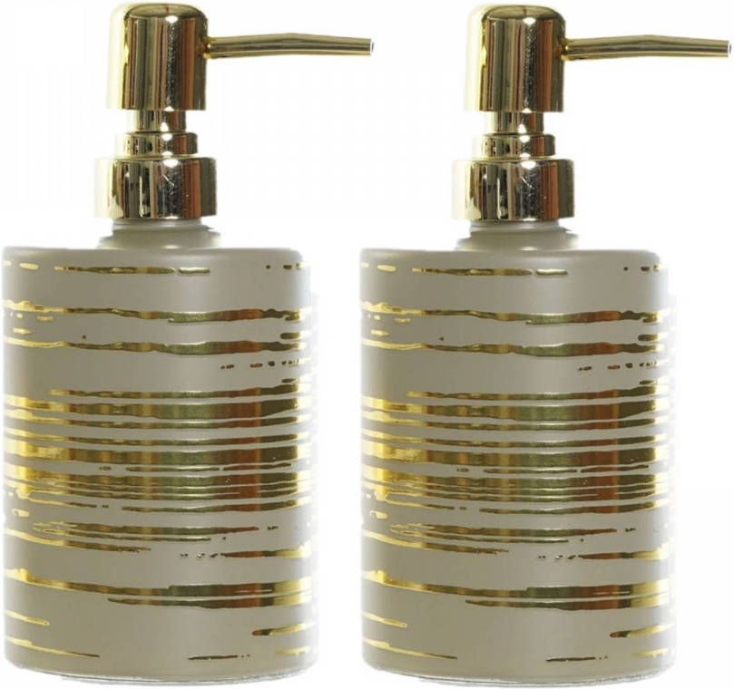 Items 2x stuks zeeppompjes zeepdispensers beige met gouden strepen van glas 450 ml Zeeppompjes