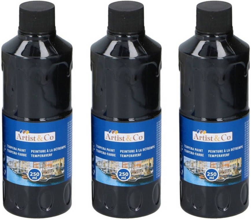 Merkloos 3x Zwarte acrylverf temperaverf fles 250 ml hobby knutsel verf Hobbyverf