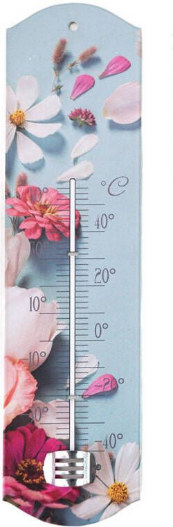 Merkloos Alma Garden Binnen buiten thermometer met lentebloemen print blauw roze metaal 29 x 6.5 cm Buitenthermometers