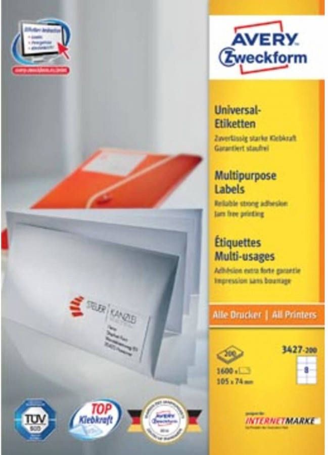 Merkloos Avery witte etiketten QuickPeel Ft 105 x 74 mm (b x h) 1.600 stuks 8 per blad doos van 200 blad