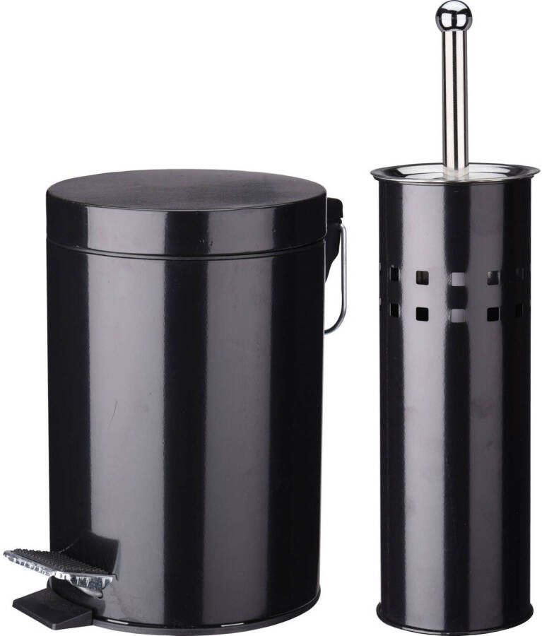 Merkloos Badkamerset pedaalemmer 3L met bijpassende toiletborstel zwart RVS Toiletaccessoireset
