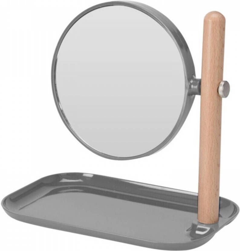 Excellent Houseware Badkamerspiegel make-up spiegel rond dubbelzijdig donkergrijs met opbergbakje L22 x B14 x H23 Make-up spiegeltjes