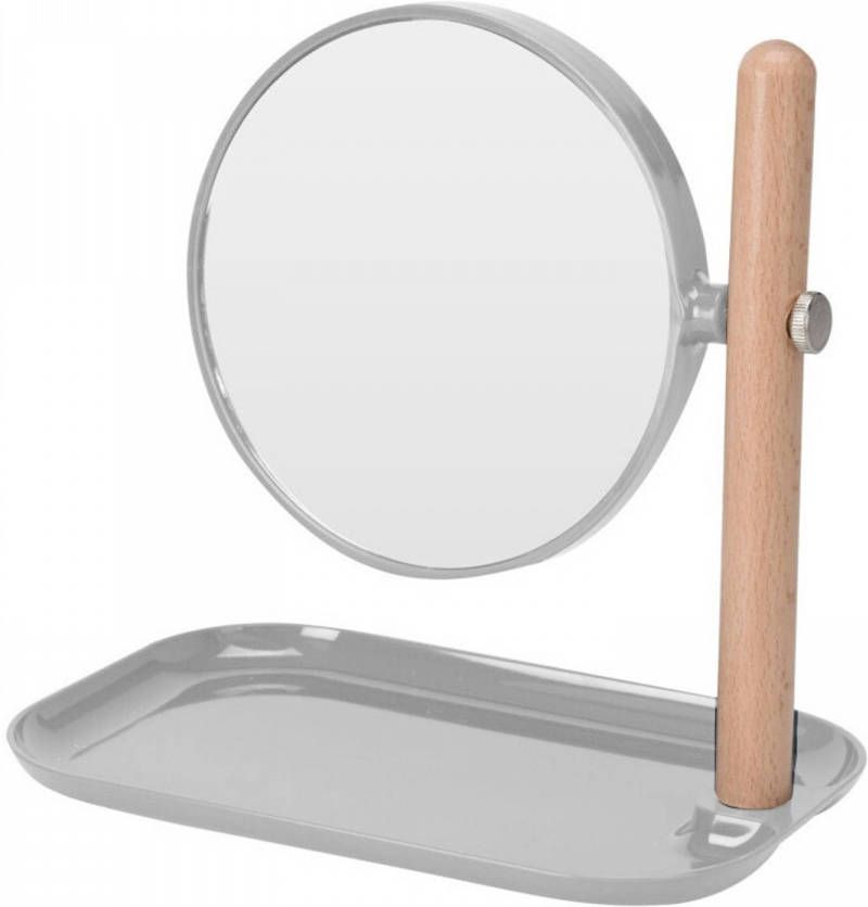 Excellent Houseware Badkamerspiegel make-up spiegel rond dubbelzijdig lichtgrijs met opbergbakje L22 x B14 x H23 Make-up spiegeltjes
