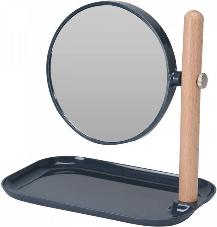 Excellent Houseware Badkamerspiegel make-up spiegel rond dubbelzijdig navy blauw met opbergbakje L22 x B14 x H23 Make-up spiegeltjes