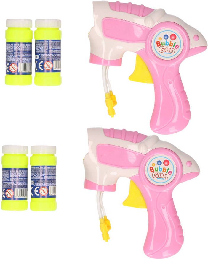 Bellenblaas speelgoed pistool 2x met vullingen roze 15 cm plastic bellen blazen buiten fun verjaardag