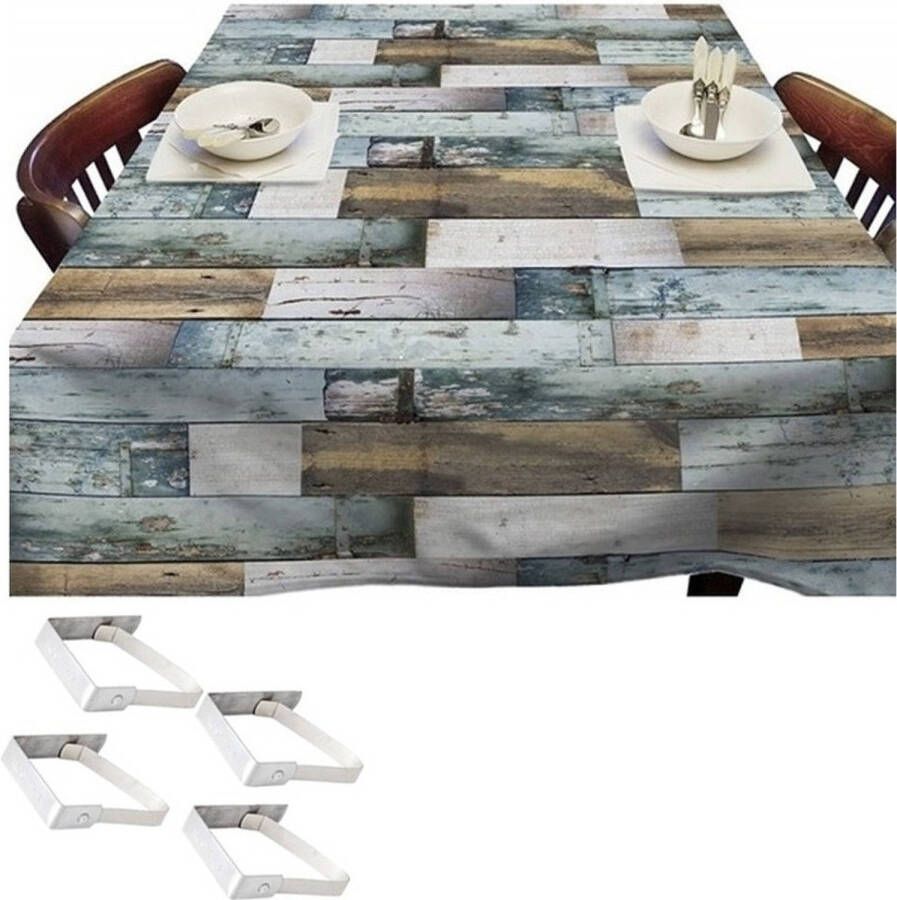 Merkloos Blauwe tafelkleden tafelzeilen houten planken print 140 x 250 cm rechthoekig met 4x tafelkleedklemmen Tafelzeilen