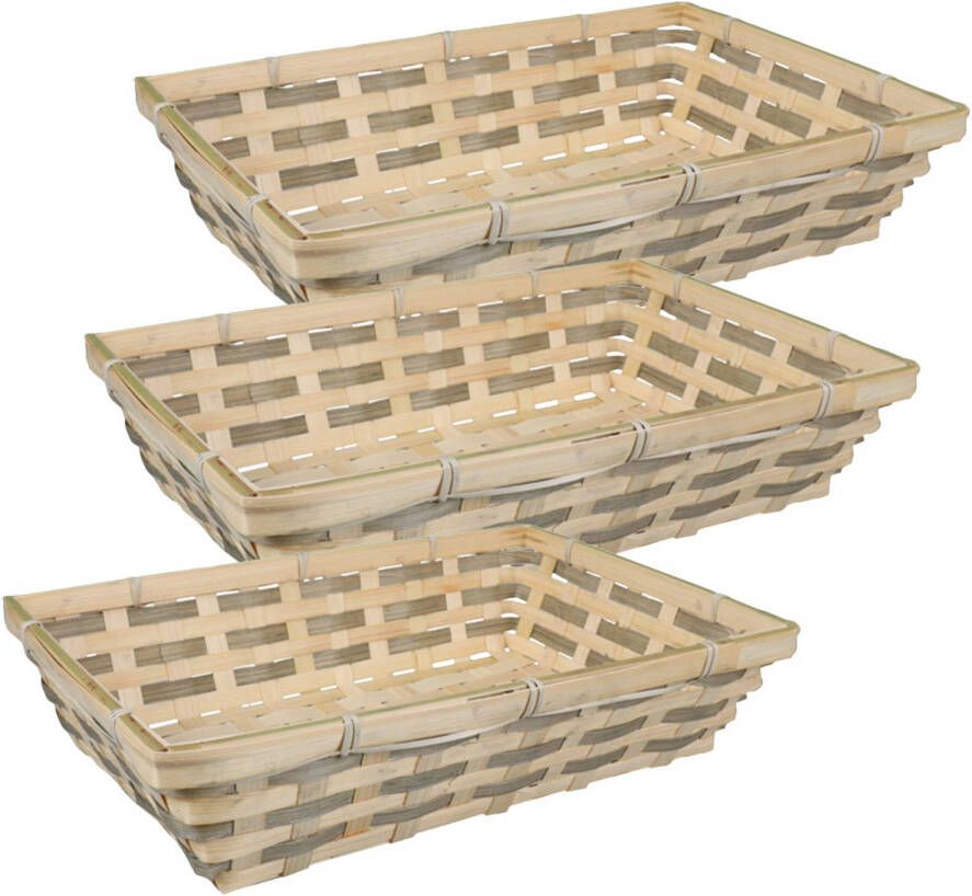 Merkloos Broodmand rechthoekig 3x gevlochten bamboe hout 34 x 24 x 8 cm naturel bruin broodmand