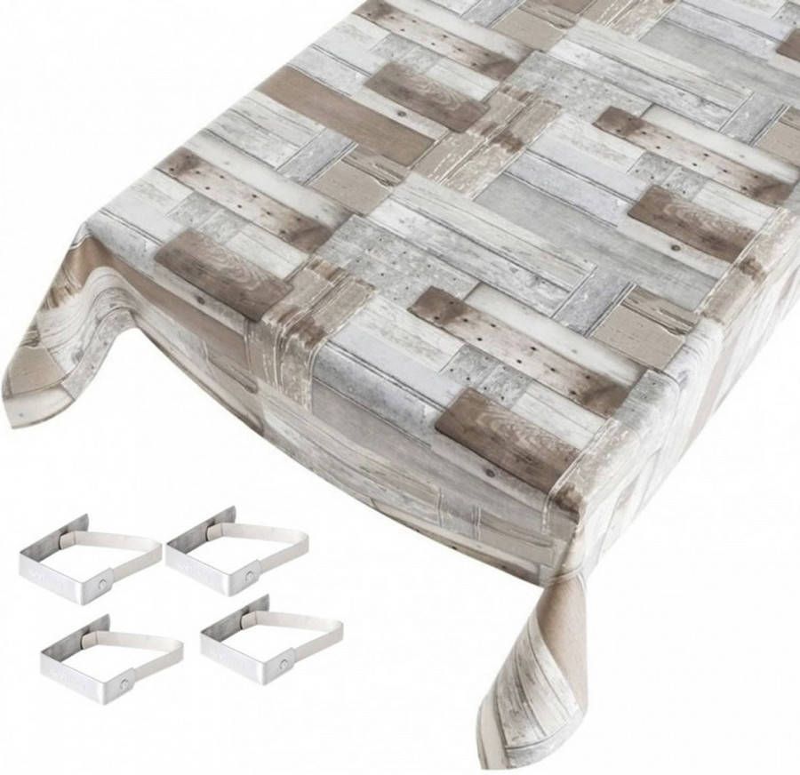 Merkloos Sans marque Buiten tafelkleed tafelzeil houten planken print 140 x 170 cm met 4 tafelkleedklemmen Tuintafelkleed tafeldecoratie