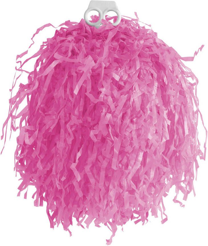 Merkloos Cheerballs pompoms 1x roze met franjes en ring handgreep 33 cm Verkleedattributen