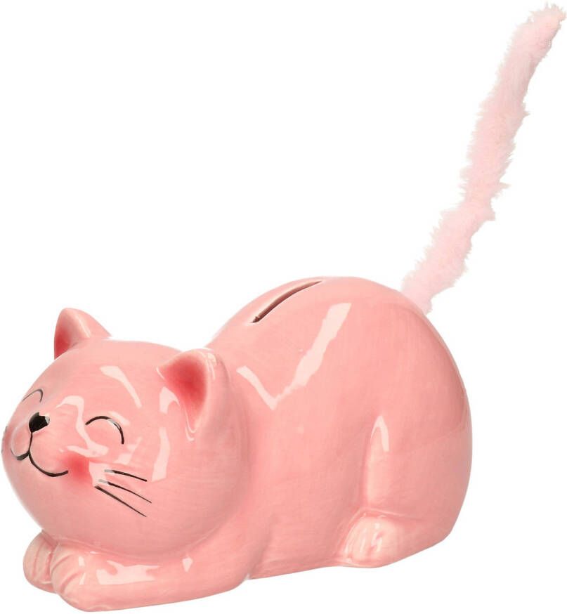 Merkloos Dieren spaarpot voor kind volwassenen katje poes Keramiek roze 19 x 9 cm Spaarpotten