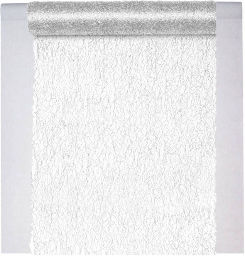 Merkloos Feest tafelkleed met loper op rol wit zilver 10 meter stof Feesttafelkleden