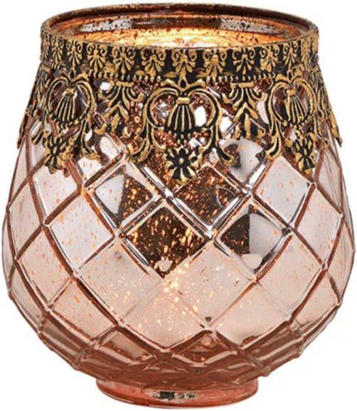Merkloos Sans marque Glazen design windlicht kaarsenhouder in de kleur rose goud met formaat 13 x 14 x 13 cm Voor waxinelichtjes