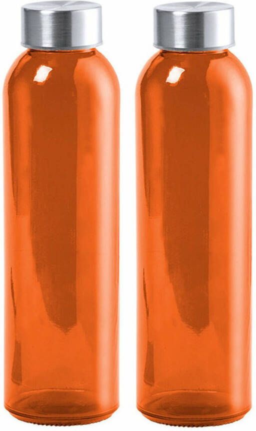 Merkloos Glazen waterfles drinkfles sportfles 2x oranje met RVS dop 500 ml Drinkflessen