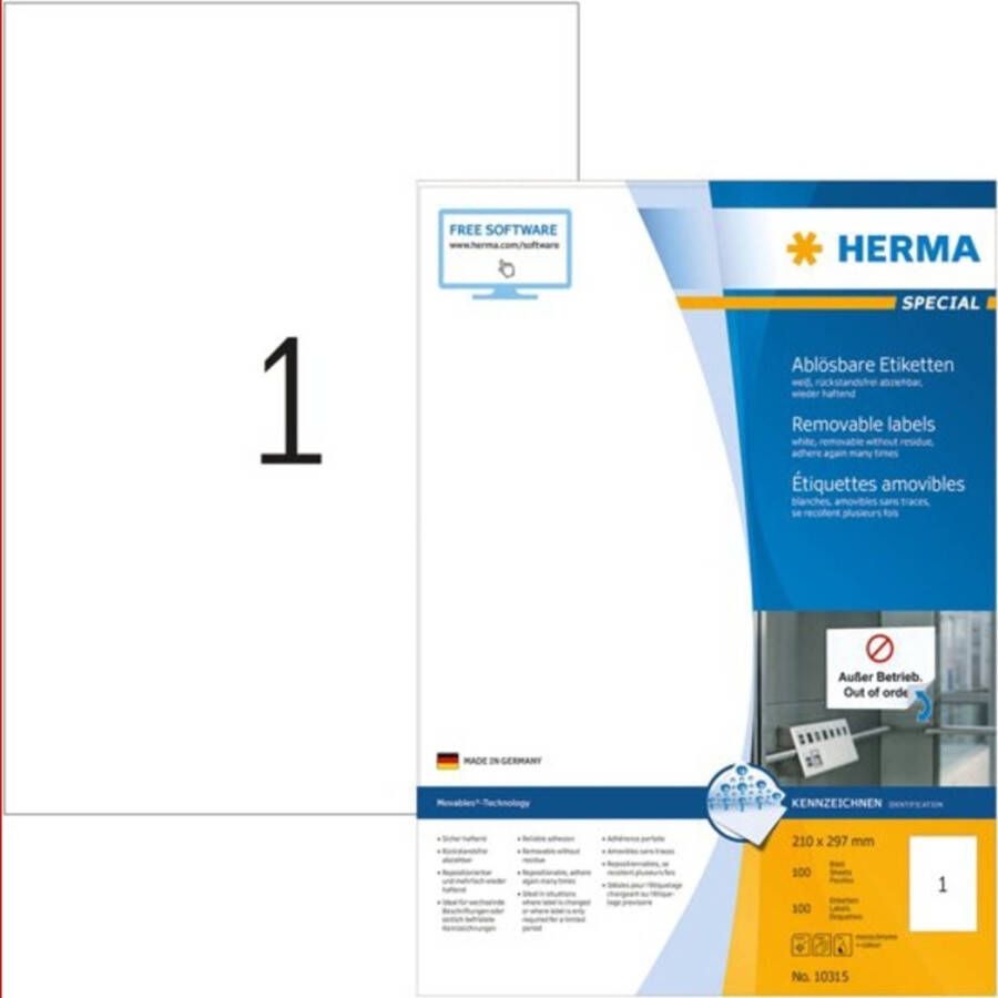 Merkloos HERMA Etiketten A4 wit 210x297 mm ablösb. Papier 100 St.