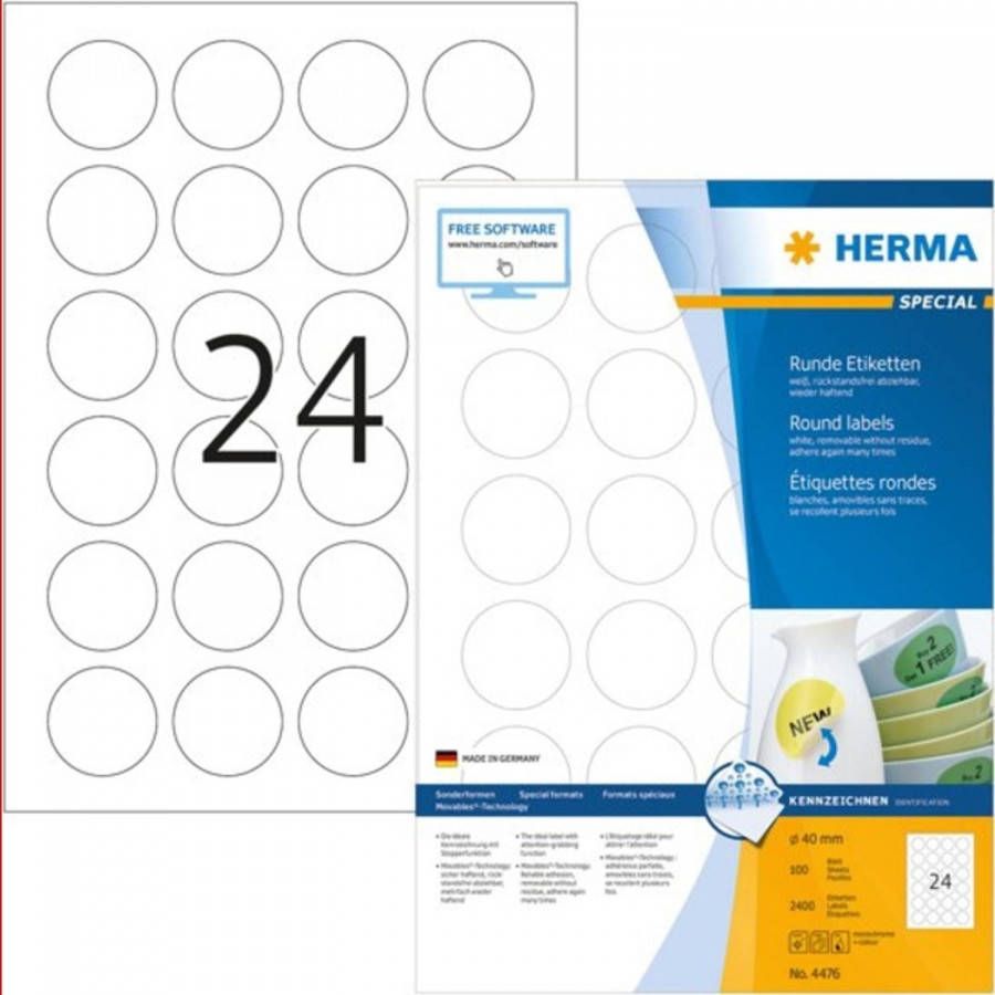 Merkloos Herma Movables Etiketten rond 40 100 Vel DIN A4 2400 stuks 4476