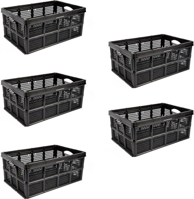 Merkloos Inklapbaar Vouwkrat van Plastic 32 Liter opbergkrat zonder deksel Zwart Set van 5 Vouwbox 48cm x 35cm x 24cm