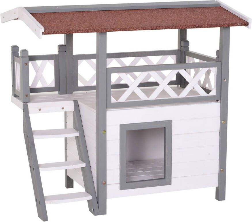 Merkloos Kattenvilla met trap en balkon Kattenhuis Kattenhok Krabpaal 2 verdiepingen 77 x 50 x73 cm Wit Grijs