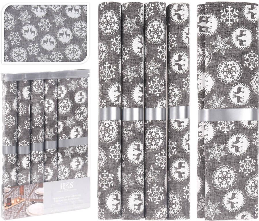 Merkloos Kerst tafelaankleding tafeldecoratie grijze tafelloper met 5x placemats grijs Tafellakens
