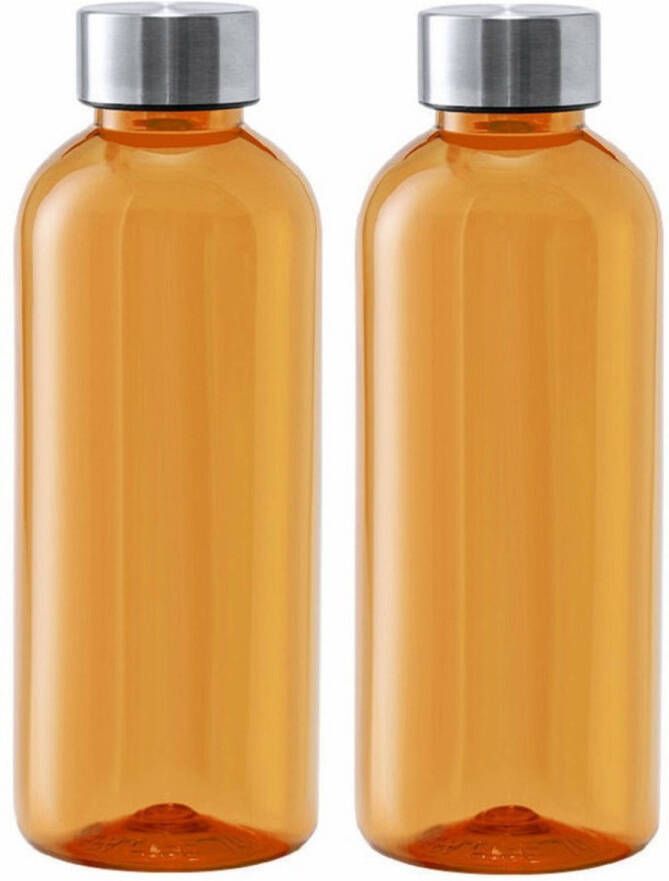 Merkloos Kunststof waterfles drinkfles sportfles 2x oranje met RVS dop 600 ml Drinkflessen