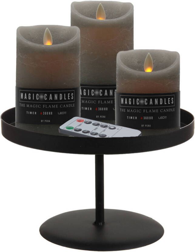 Merkloos LED kaarsen 3x st grijs met zwart rond dienblad 22 cm LED kaarsen