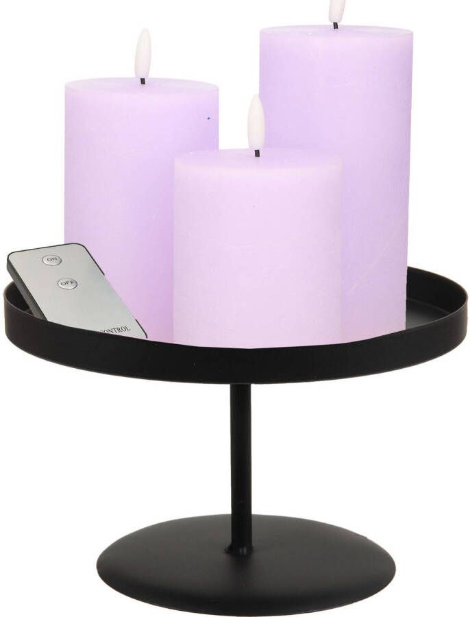 Merkloos LED kaarsen 3x st lila paars met zwart rond dienblad 22 cm LED kaarsen