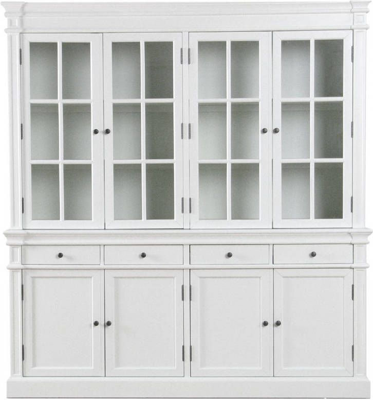 Hioshop Mozart 4-deurs vitrinekast in antiek wit antiek gepatineerd. Breedte 186 cm hoogte 200 cm.