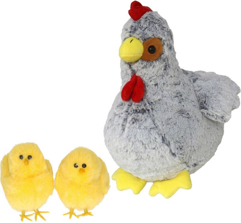 Merkloos Pluche kip knuffel 20 cm grijs met 2x gele kuikens 7 cm kippen familie Vogel knuffels