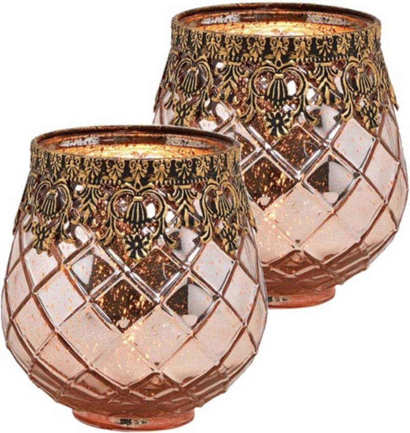 Set van 2x stuks glazen design windlicht kaarsenhouder in de kleur rose goud met formaat 13 x 14 x 13 cm. Voor waxinelichtjes