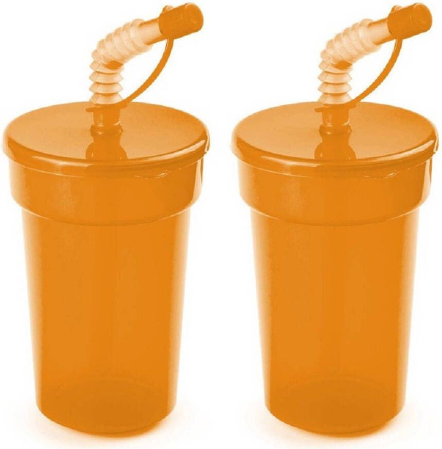 Merkloos Set van 4x stuks afsluitbare plastic drinkbeker oranje 400 ml met rietje voor kinderen peuters Drinkflessen