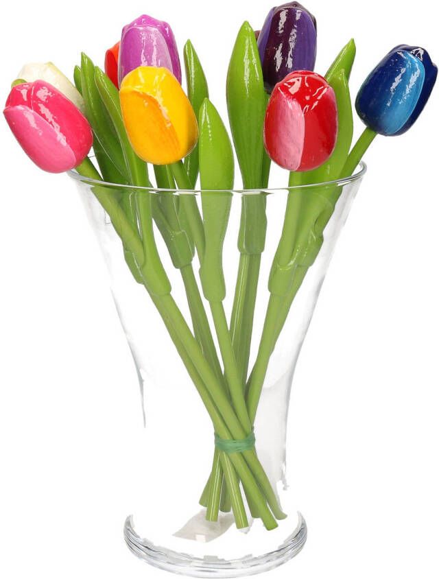 Merkloos Set van bos houten tulpen boeket 34 cm in glazen vaas 25 cm Kunstbloemen