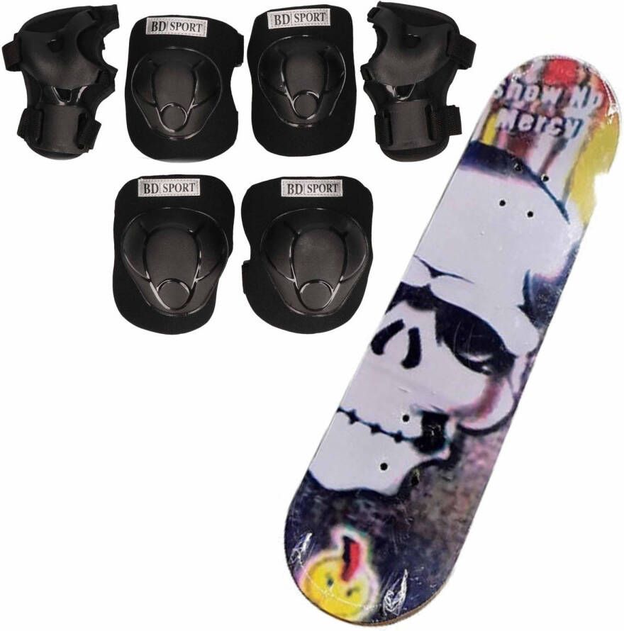 Merkloos Set van skateboard 81 cm met doodskop print en valbescherming maat L- 9 tot 10 jaar Lichaamsbeschermers