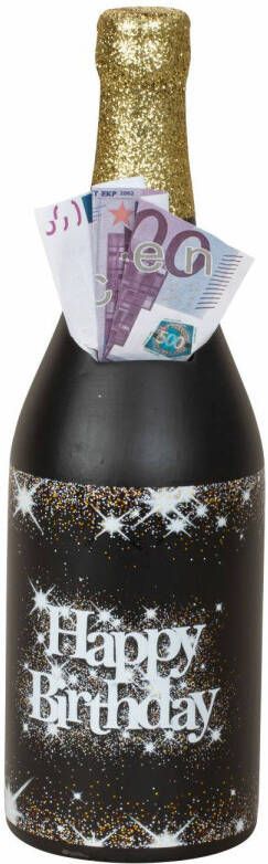 Merkloos Spaarpot voor volwassenen wijnfles champagnefles Happy Birthday H31 x B10 cm Spaarpotten