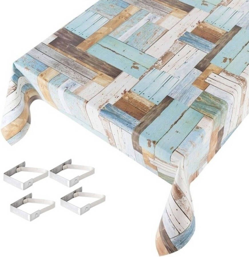 Merkloos Sans marque Buiten tafelkleed tafelzeil houten planken print blauw 140 x 245 cm met 4 tafelkleedklemmen Tuintafelkleed tafeldecoratie