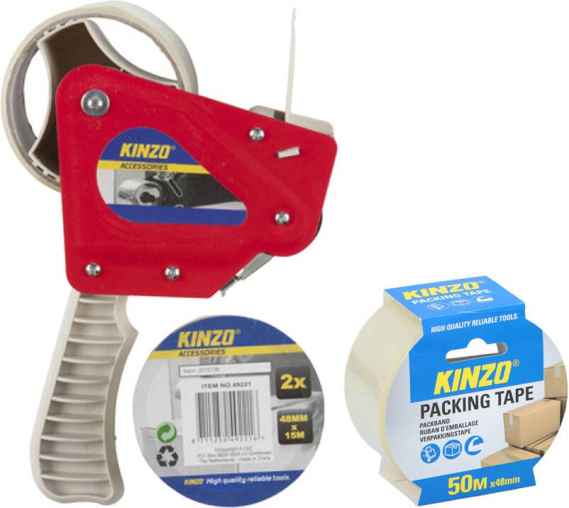 Merkloos Tape plakband houder inclusief 3x rollen verpakking plakband van 15 meter breedte 5 cm Tape (klussen)