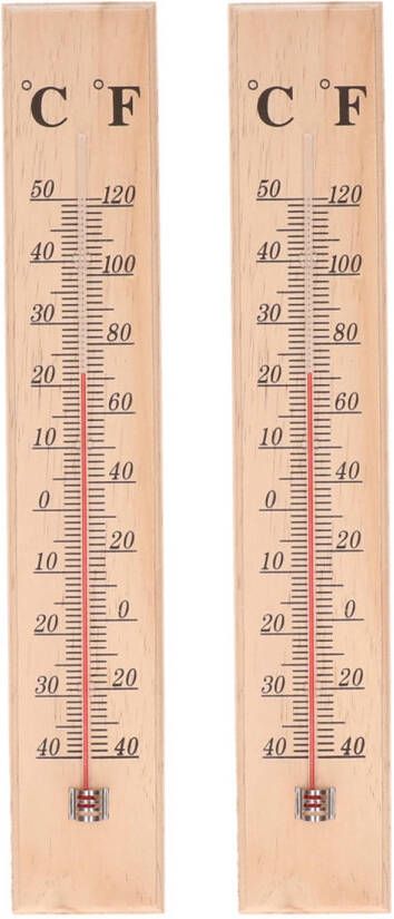 Merkloos Thermometer 2x voor binnen en buiten hout 40 x 7 cm Celsius Fahrenheit Buitenthermometers