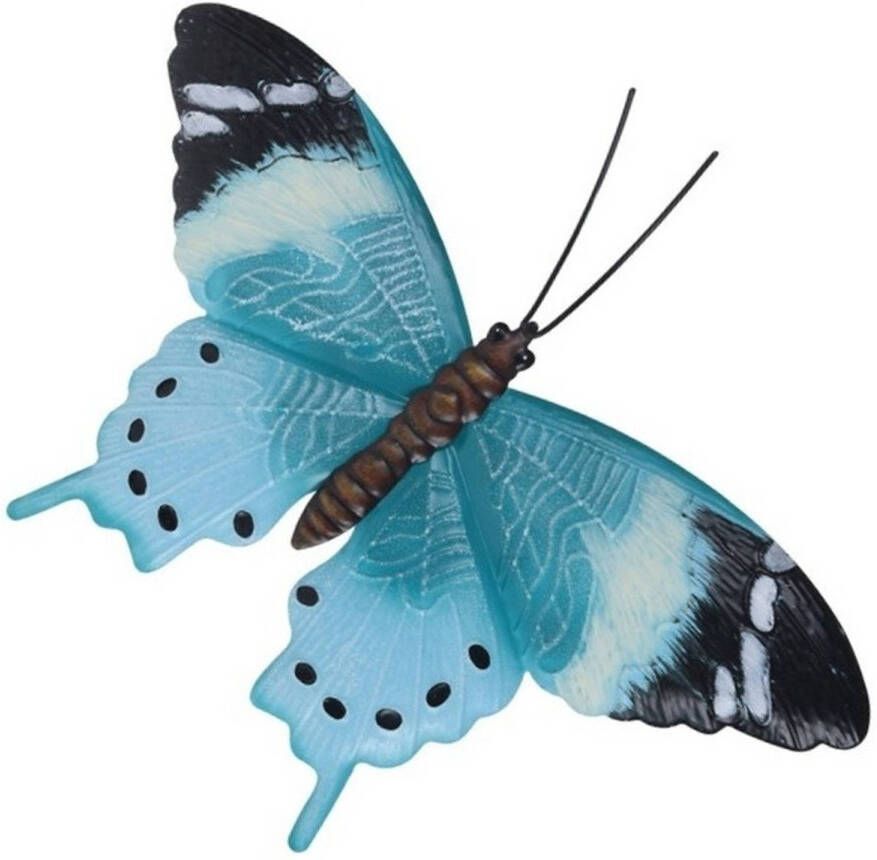 Merkloos Sans marque Tuin schutting decoratie lichtblauw zwarte vlinder 35 cm Tuin schutting schuur versiering docoratie Metalen vlinders