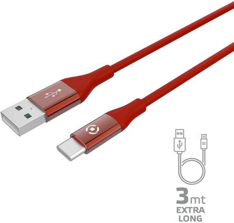 Celly USB-Kabel Type-C 3 meter Rood Siliconen Feeling