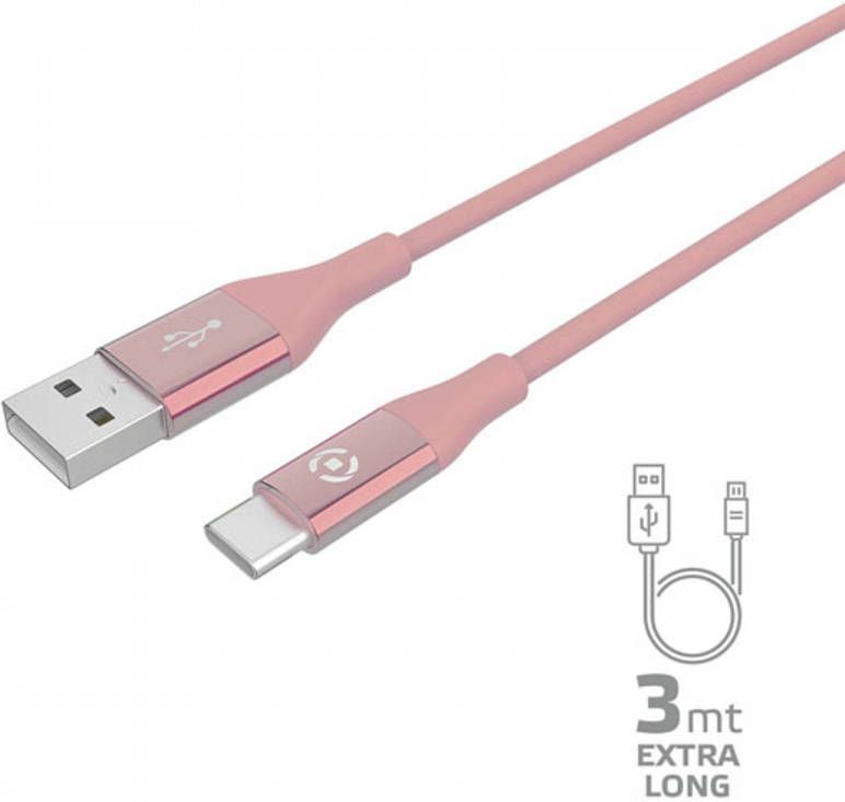 Celly USB-Kabel Type-C 3 meter Roze Siliconen Feeling