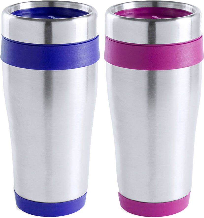 Merkloos Warmhoudbekers thermos isoleer koffiebekers mokken 2x stuks RVS donkerblauw en roze 450 ml Thermosbeker