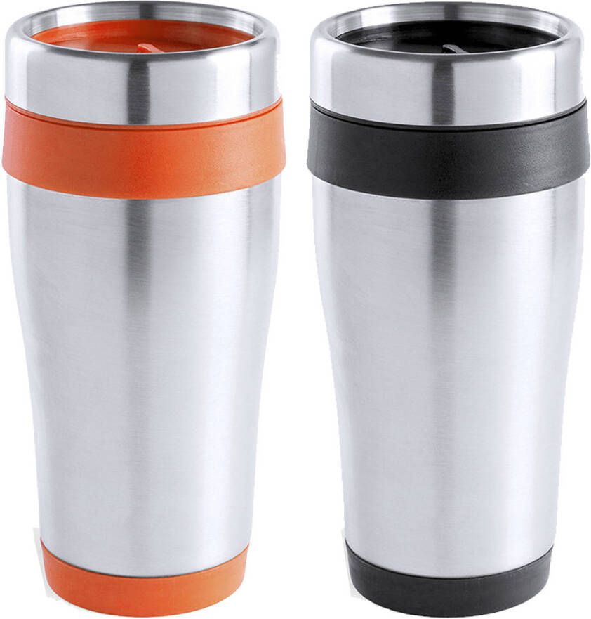 Merkloos Warmhoudbekers thermos isoleer koffiebekers mokken 2x stuks RVS zwart en oranje 450 ml Thermosbeker