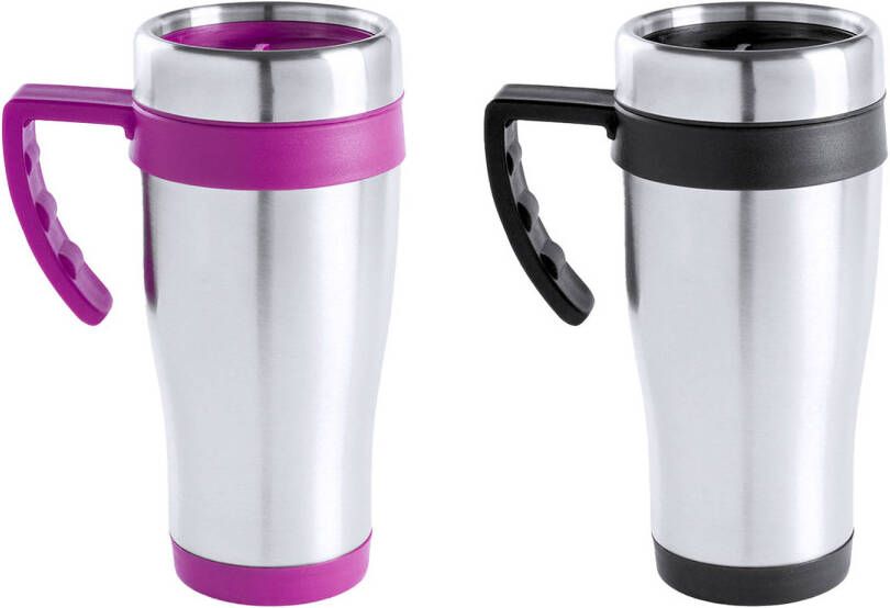 Merkloos Warmhoudbekers thermos isoleer koffiebekers mokken 2x stuks RVS zwart en roze 450 ml Thermosbeker