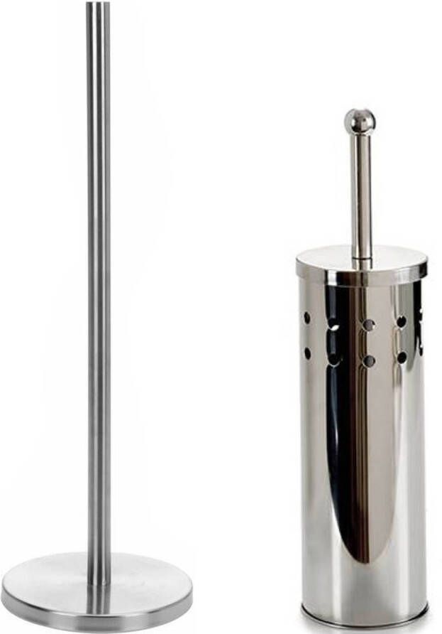 Merkloos WC- toiletborstel in houder 40 cm met wc-rollen houder rvs zilver Badkameraccessoireset
