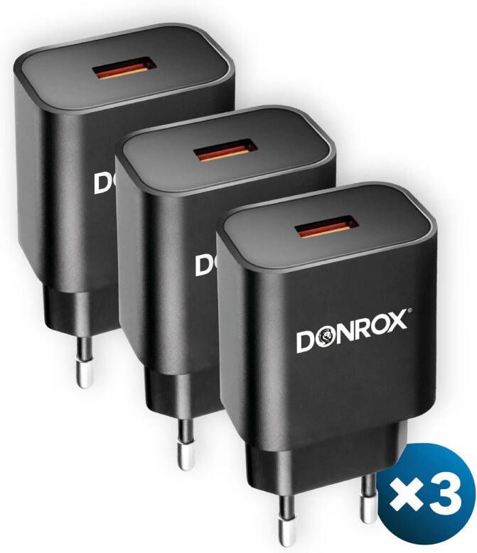 DONROX 3 x Charge A201 – USB Adapter Universeel– Slimme Universele Oplader USB – Quick Charge 3.0 Technologie – 18 Watt – Zwart