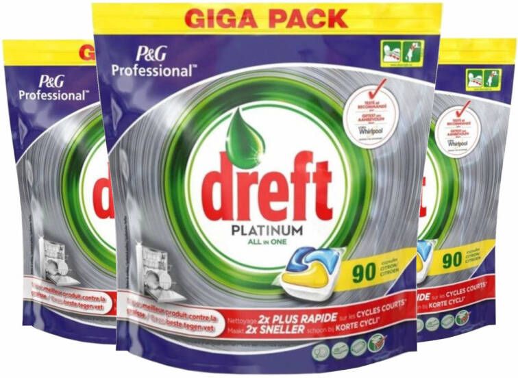 Dreft Platinum All-in-One Vaatwastabletten Lemon 3x90 Stuks Voordeelverpakking