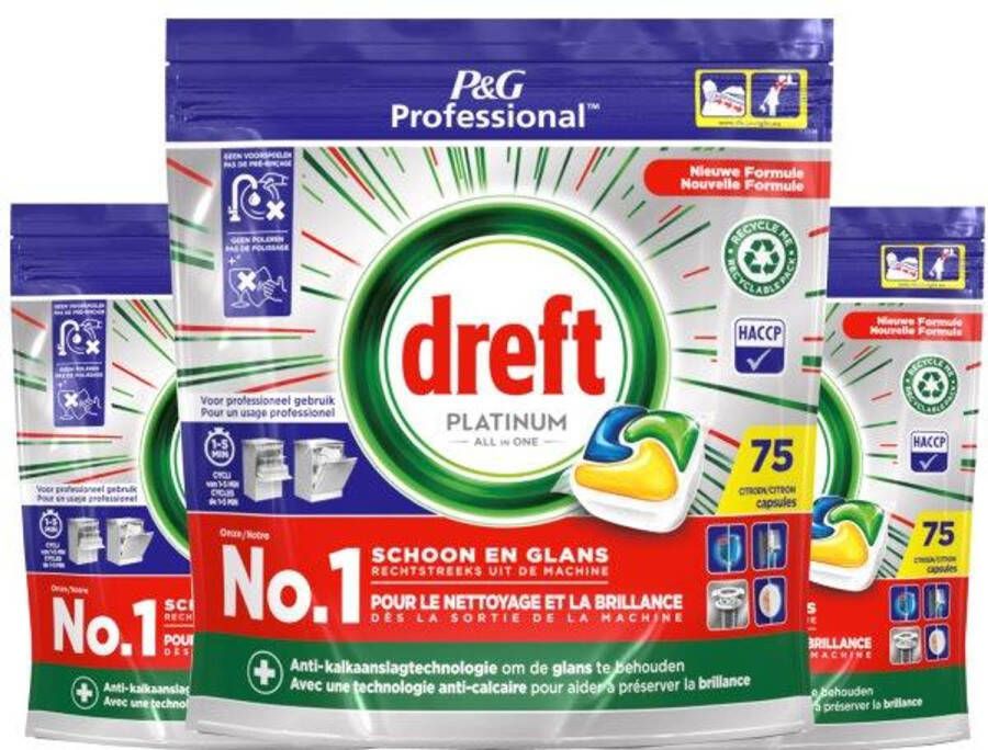 Dreft Platinum Lemon All-in-1 Vaatwastabletten 3x75 tabs Voordeelverpakking