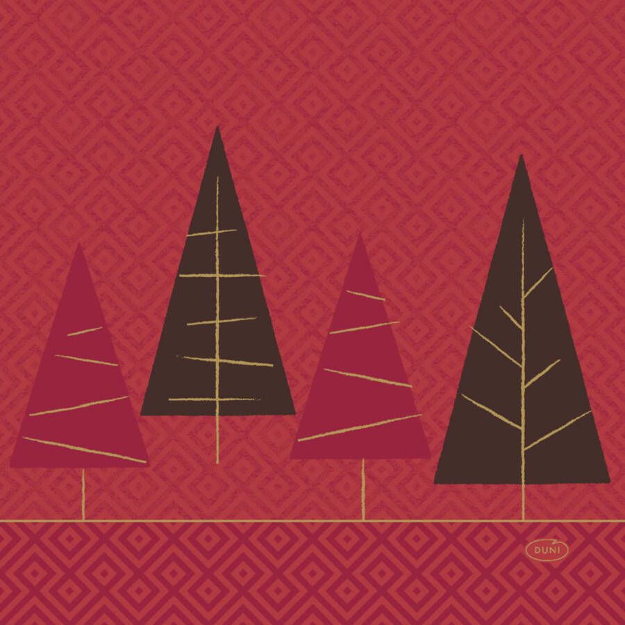 Duni kerst thema servetten 20x st 33 x 33 cm rood met kerstbomen Feestservetten