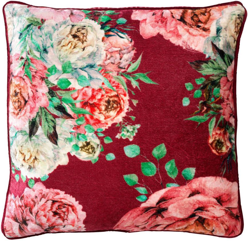 Dutch Decor MINOU Kussenhoes 45x45 cm velvet bloemen red plum roze rood groen streepjes