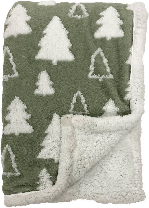 Dutch Decor PINE Plaid 140x180 cm fleece deken met sherpa voering en dennenbomen Abbey Stone groen